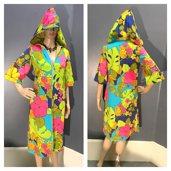 タ*３様  HAWAIIAN POOL SERVICEワークジャケット HIBISCUS HAWAIIAN PRINT 1960's Vintage 1960s Neon Barkcloth Hooded