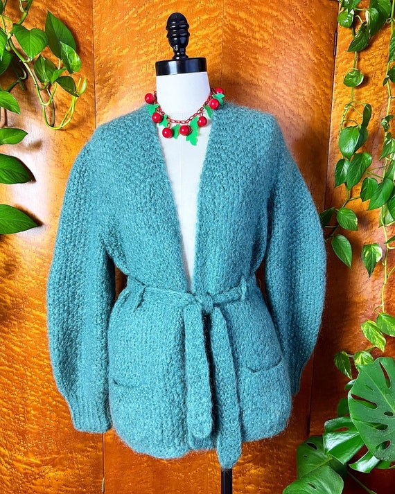 MOHAIR HAND KNIT Handmade Blue 1950