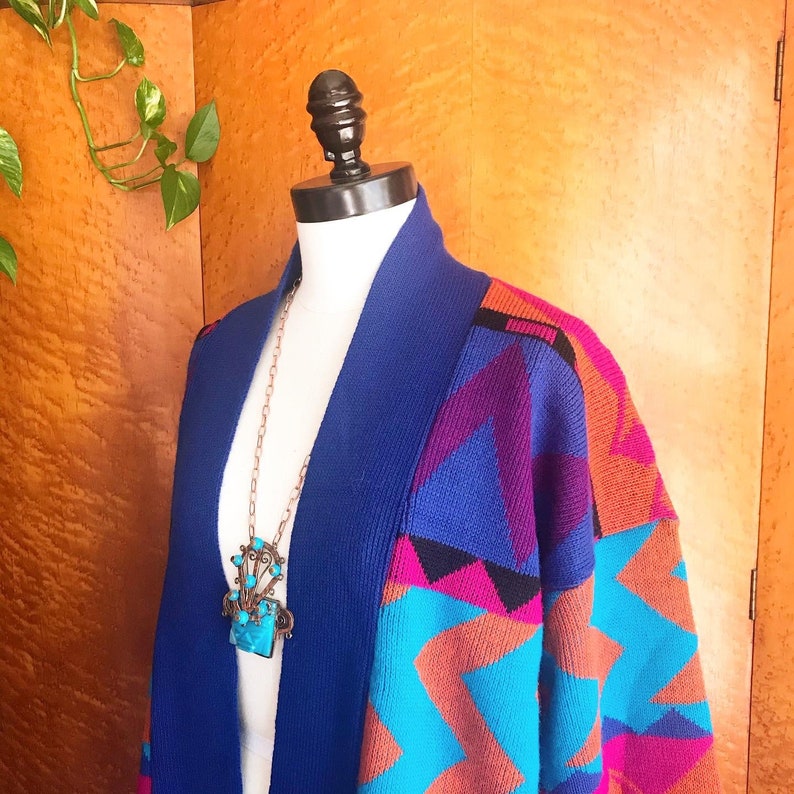 OVERSIZED SOUTHWESTERN Boho 1990\u2019s 90s Vintage Acrylic Knit Shawl Collar Geometric Urban Western Cardigan Sweater Coat Jacket JJ Browne M L