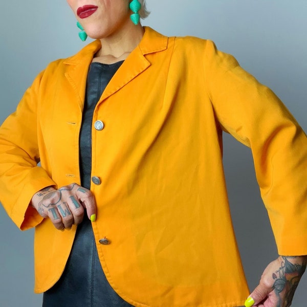 FRITZI of California 1960’s 60s Vintage Marigold Orange Yellow Sailcloth Canvas Coin Buttons Notch Collared Retro Shirtjac Jacket Top L XL