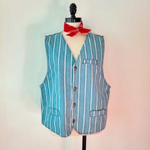 WORKWEAR 1990’s 90s Vintage Retro Blue & White Striped Cotton Jean Denim Adjustable Button Back Dreams Streetwear Train Style Vest L