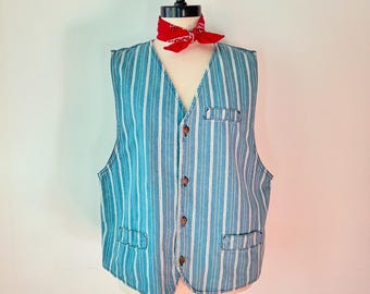 WORKWEAR 1990’s 90s Vintage Retro Blue & White Striped Cotton Jean Denim Adjustable Button Back Dreams Streetwear Train Style Vest L