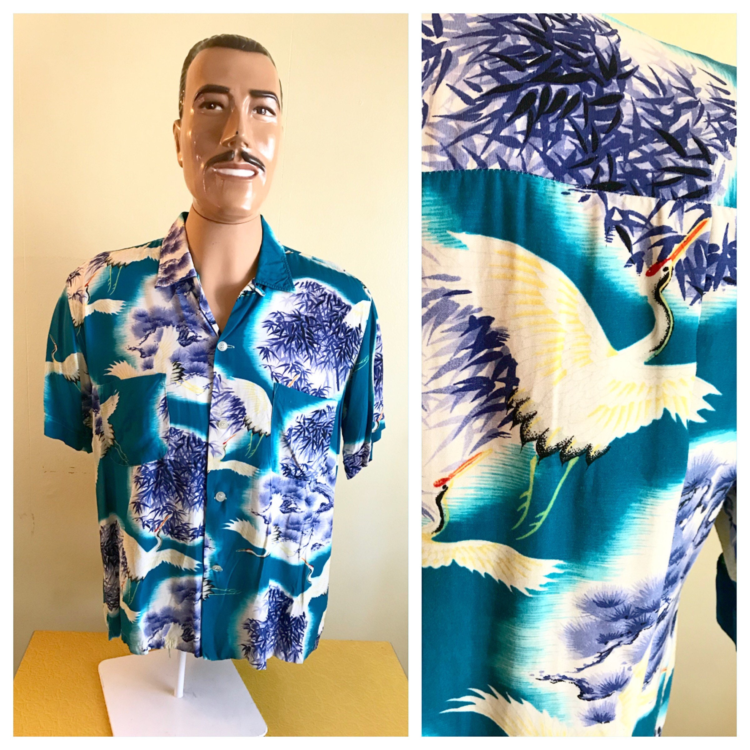 【サイズ交換OK】 BAMBOO CRANES BONSAI Vintage Men's 1950's 1940's Print Tree Clothing