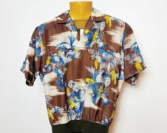 KOBE SILK 1940’s 40s 50’s 50s Brown Blue Yellow Ribbed Knit Hawaiian Floral Luau Tiki Aloha Tropical Pullover Gaucho Shirt 42/44 Chest M