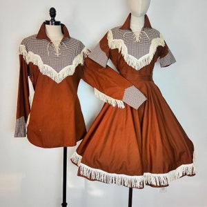 MATCHING Set 1950’s 50s 1960’s 60s His & Hers Vintage Brown Fringe Gingham Western Swing Rodeo Cowboy Cowgirl Suit Circle Skirt Shirt S L