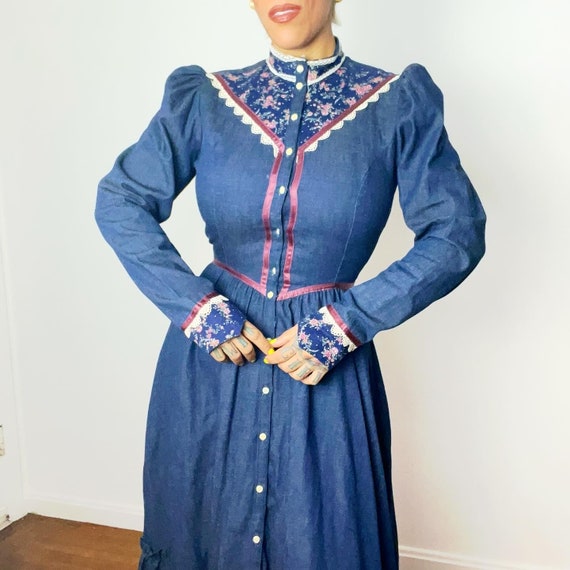 GUNNE SAX 1970’s 70s Vintage Dark Denim Puff Slee… - image 3