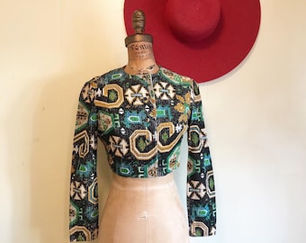METALLIC LAME LUREX 1960’s 1970’s Vintage 1960s 1970s Crop Cropped Cocktail Party Evening Abstract Print Mod Jacket Blouse Top Shirt Xs S