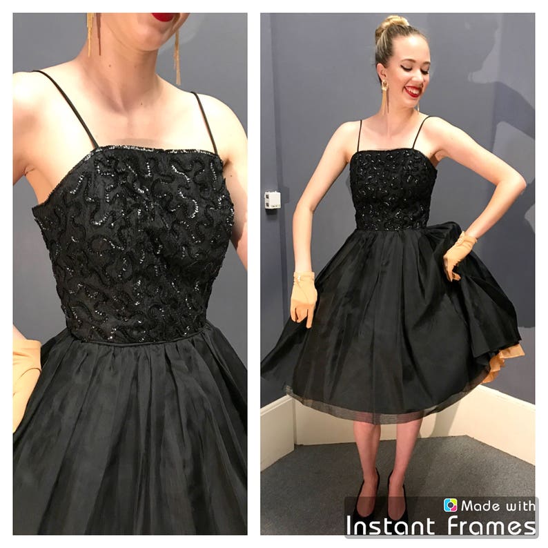 BLACK SWAN 1950/'s Vintage 1950s 60\u2019s 60s Lace Taffeta Organza Sequined Soutache Holiday Party Evening Prom Cocktail Dress Circle Skirt Xs S