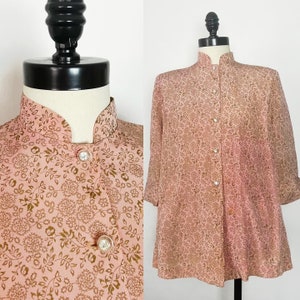 Mrs. America of California Maternity Fashions 1940’s 40s 1950’s 50s Vintage Peach Pink Gold Floral Rayon Crepe Blouse Smock Top Tunic 44b L