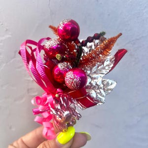 DEADSTOCK Vintage 50’s 50s 60’s 60s Silver Glitter Pink Glass Ball Ornament Ornaments Flocked Orange Holiday Christmas Tree Corsage Brooch