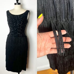 SEQUINED FRINGE Soutache 1950’s 50s Black Vintage Rayon Crepe Wiggle Pencil Pinup Rockabilly Bombshell Cocktail Evening Prom Formal Dress S