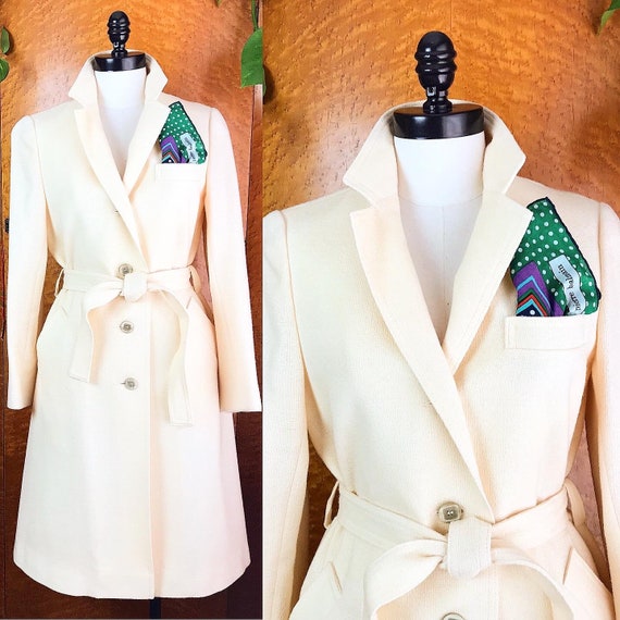 【60s】Euro Vintage Cotton Belted Coat 46 BELSON Luxe Cream Textured & Tailored Wool 1960's 60s