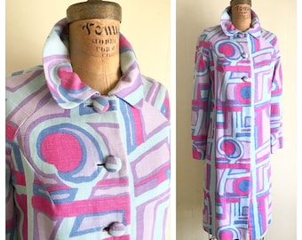 GEOMETRIC WOMEN'S MOD Go-Go 1960's Vintage 1960s Pink, Blue & Lavender Purple Linen  3 Button Peter Pan Collar Lightweight Jacket Coat S M