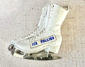 ICE FOLLIES 1940’s 40s Retro Vintage Early Plastic White & Silver Blue Celluloid Lace Up Ice Skates Skater Skating Souvenir Pin Brooch