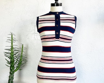 GROOVY STRIPED NYLON Knit 60’s 60s Vintage 70’s 70s Mod Red White Navy Blue Stretch Button Up Pullover Tank Top Blouse Shirt Xs S