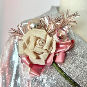 PINK TINSEL 1950’s 50s 1960’s 60s Vintage Retro Pinup Christmas Holiday Winter Formal Wedding Dance Silver Glass Ornament Pin Rose Corsage