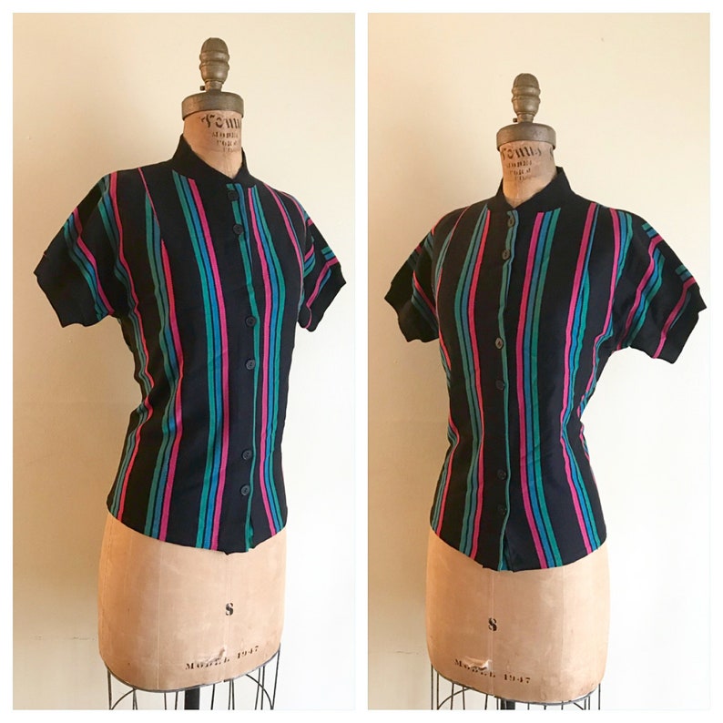 Green Double Button Down Wool Blend Cuffed /& Ribbed Blouse Top Shirt M L Blue STRIPES STRIPED 1960/'s Vintage 1960s Women/'s Jet Black Pink