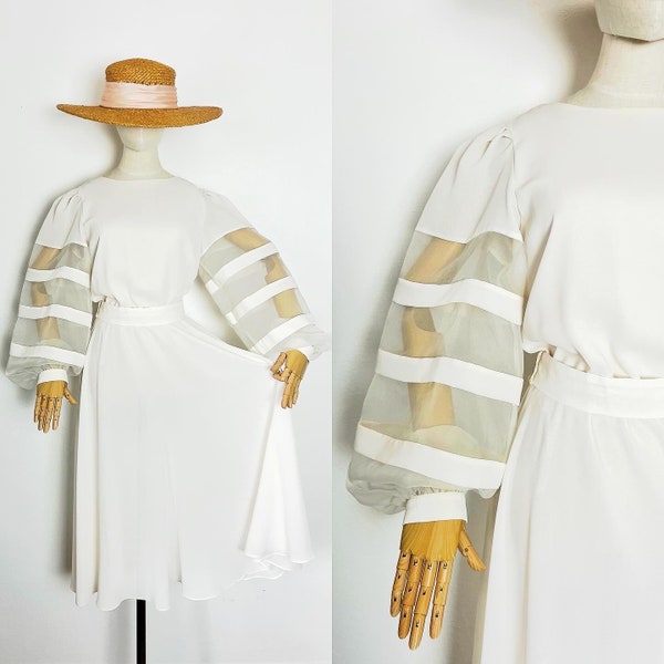ORGANZA & Crepe 1970’s 70s Vintage Sheer Cream White Striped Full Bishop Puffy Puff Sleeves Full Skirt Cocktail Wedding Dress L 40b