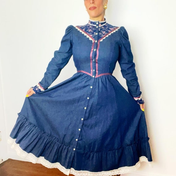 GUNNE SAX 1970’s 70s Vintage Dark Denim Puff Slee… - image 1