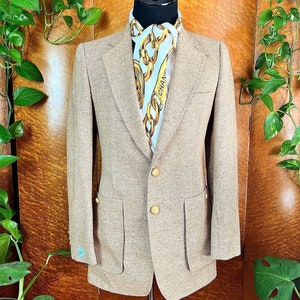 DEADSTOCK 70's 70s Tan Beige Caramelo Azul Flecked Vintage Wool & Suede Elbow Patch Leather Knot Buttons Blazer Suit Jacket S 38 to 40 Chest