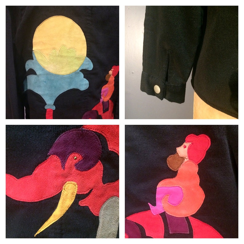 May include: A black jacket with colorful appliques of a sun, a palm tree, a bird, an elephant, and a person sitting on a mushroom. The appliques are made of different fabrics and textures.