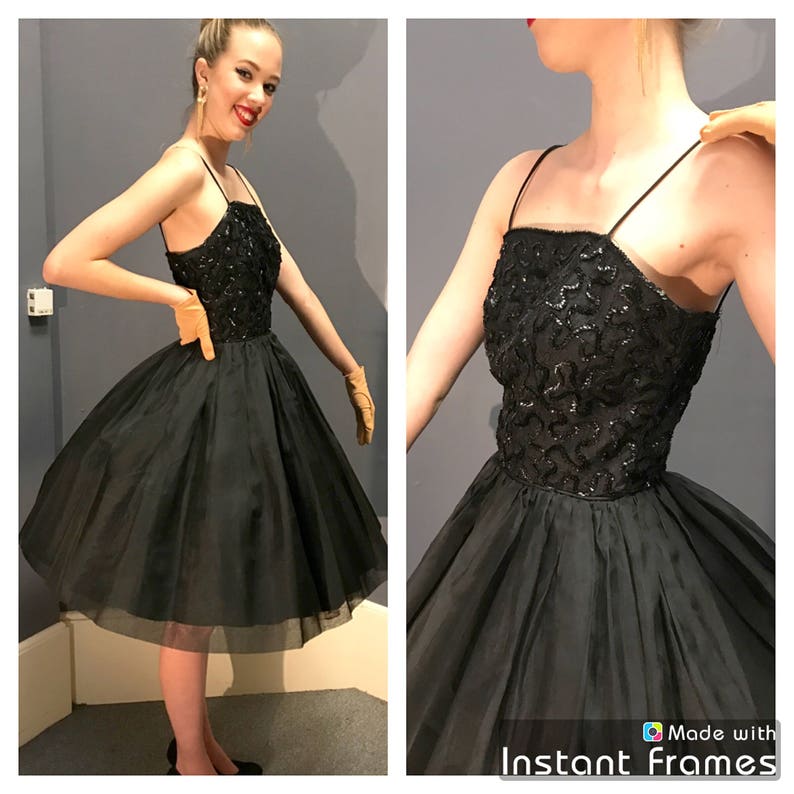 BLACK SWAN 1950/'s Vintage 1950s 60\u2019s 60s Lace Taffeta Organza Sequined Soutache Holiday Party Evening Prom Cocktail Dress Circle Skirt Xs S