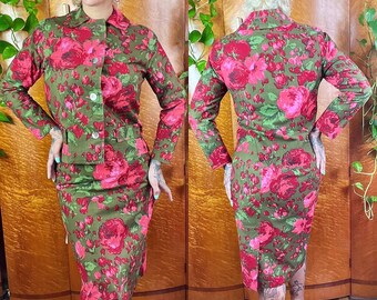 ROTE ROSEN ROSEN 1960er 60er Jahre Vintage Olivgrün Dicke Baumwolle Hand Tailored 2 Pc Mod Pinup Floral Jacke Bleistiftrock Anzug Kleid Set S M