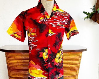 KALENA FASHIONS of Hawaii 70’s 70s 80’s 80s Vintage Polyester Windsurfer Volcano Novelty Print Tropical Hawaiian Tiki Aloha Red Shirt S 40