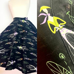 NOVELTY PRINT 1950’s 50s Vintage Black Cotton Parisian Girls on Bicycles Pinup Rockabilly Circle Skirt XS 24w