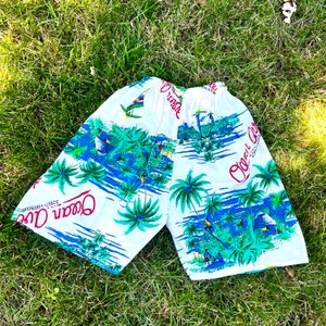 DEADSTOCK 50’s 1950s 60’s 1960s Vintage White Cotton Tropical Hawaiian Novelty Print Luau Florida Tiki Aloha Drawstring Shorts M L 18-34w