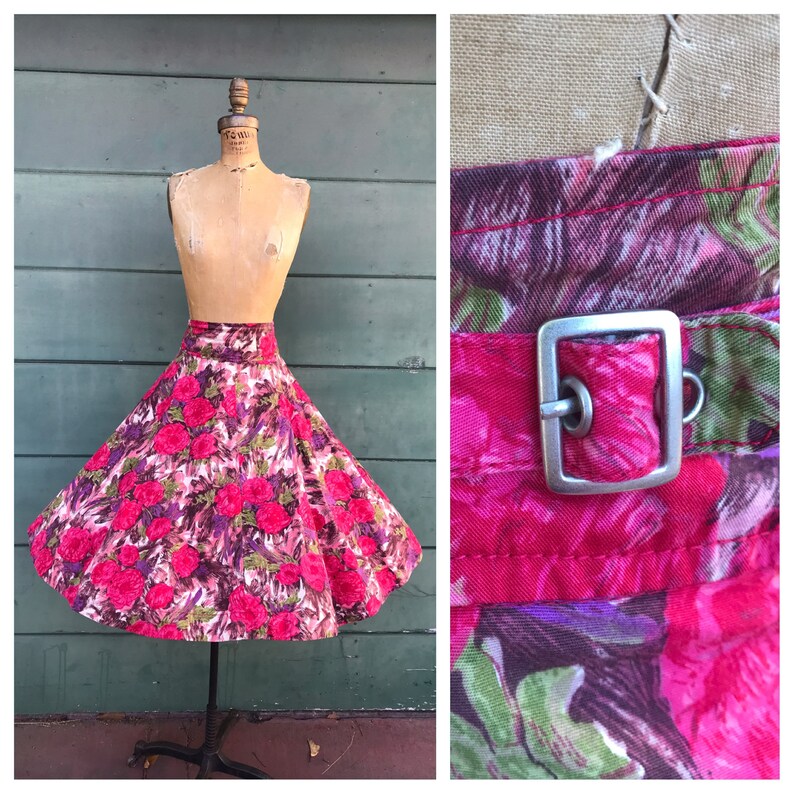 FUCHSIA PINK IMPRESSIONIST Floral 1950/'s 1950s Style 1990/'s 1990s Buckleback High Waist Banded Cocktail Party Dress Circle Skirt L Xl