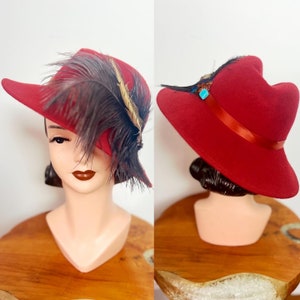 LANCASTER Maroon Red Wool 1990’s 90s Vintage Wide Brimmed Pheasant & Black Ostrich Feathers Plume Turquoise Stone Boho Deco Fedora Hat