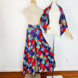 RARE 60’s 60s 70’s 70s Vintage Acetate Groovy Psychedelic Wide Leg High Waist Palazzo Pants Shoulder Wrap Shrug Top Scarf Matching Set 26w S