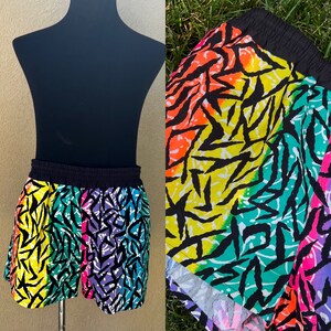 DEADSTOCK Unworn 1980’s 80s 1990’s 90s Vintage Neon Cotton Rainbow Men’s Retro Swim Trunks Briefs Bathing Suit Shorts Swimsuit L 35-42 Waist