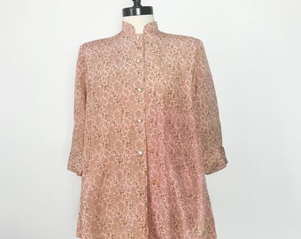 Mrs. America of California Maternity Fashions 1940’s 40s 1950’s 50s Vintage Peach Pink Gold Floral Rayon Crepe Blouse Smock Top Tunic 44b L