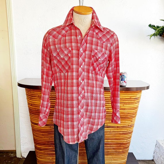 JC PENNEY Western Apparel 1970s 70s Vintage Red & White Plaid