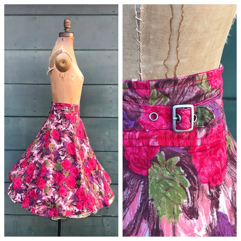 FUCHSIA PINK IMPRESSIONIST Floral 1950/'s 1950s Style 1990/'s 1990s Buckleback High Waist Banded Cocktail Party Dress Circle Skirt L Xl