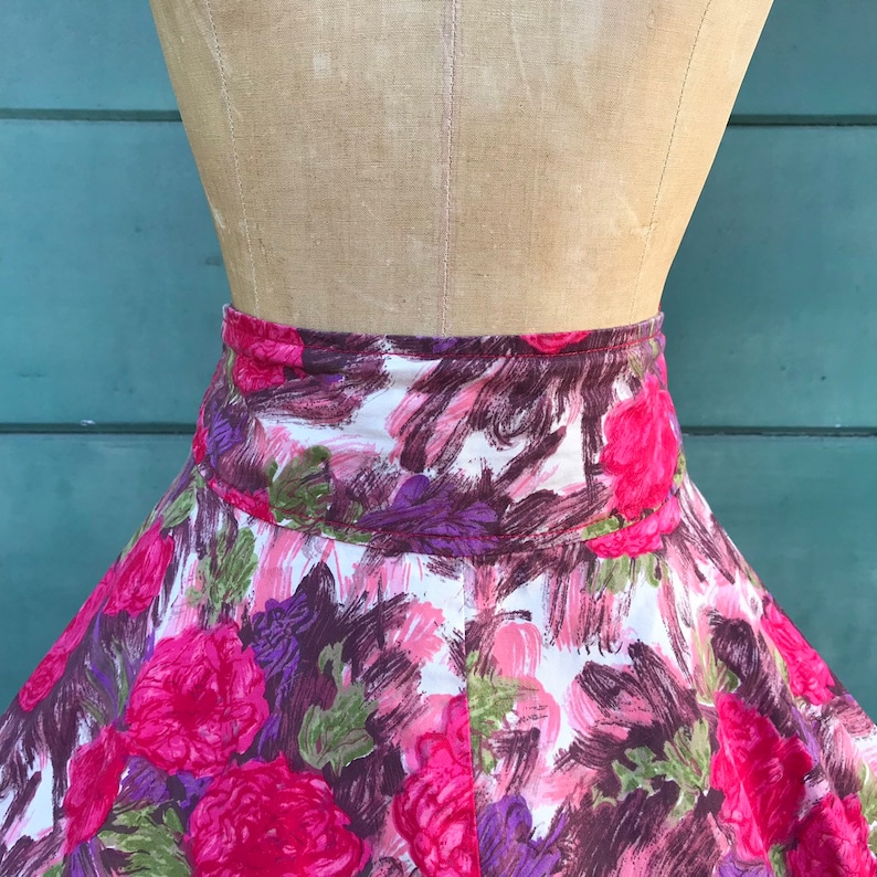FUCHSIA PINK IMPRESSIONIST Floral 1950/'s 1950s Style 1990/'s 1990s Buckleback High Waist Banded Cocktail Party Dress Circle Skirt L Xl