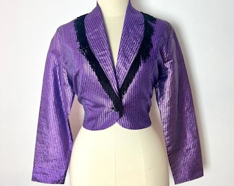 METALLIC PURPLE & Black 1980’s 80s Pinstriped Fringe Diamanté Waist Button Vintage Rodeo Queen Cowgirl Western Cropped Bolero Stage Jacket M