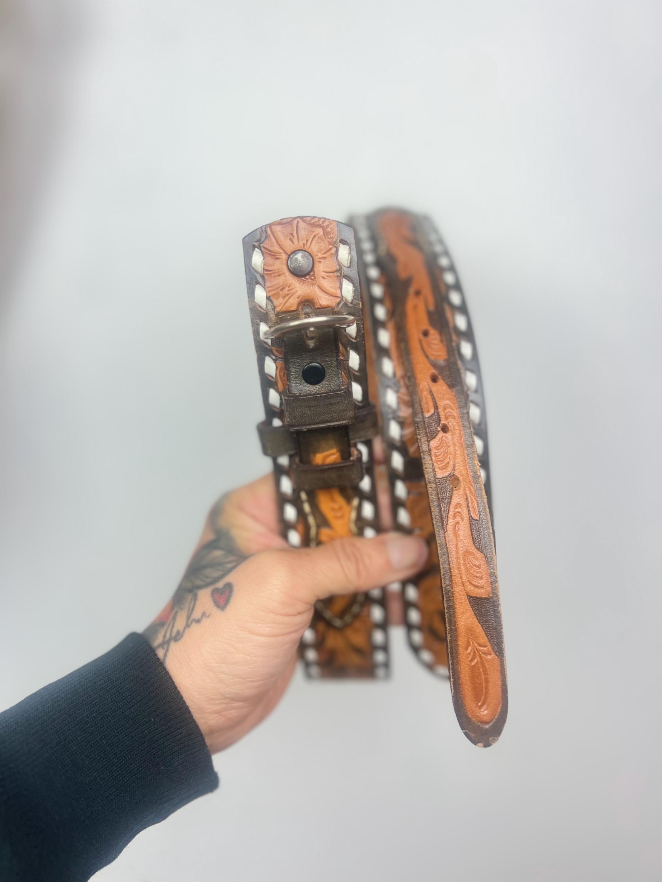 70s Rocker Belt MORNING GLORY Floral 70’s 70s Vintage Retro Boho Heavily Tooled Brown ...