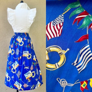 MARÍTIMO Novidade Estampa Iate à Vela Cartão Postal Náutico Praia Anos 90 Anos 90 Vintage Azul Rayon Aloha Verão Havaiano Plus Size Saia Completa XL 36-44