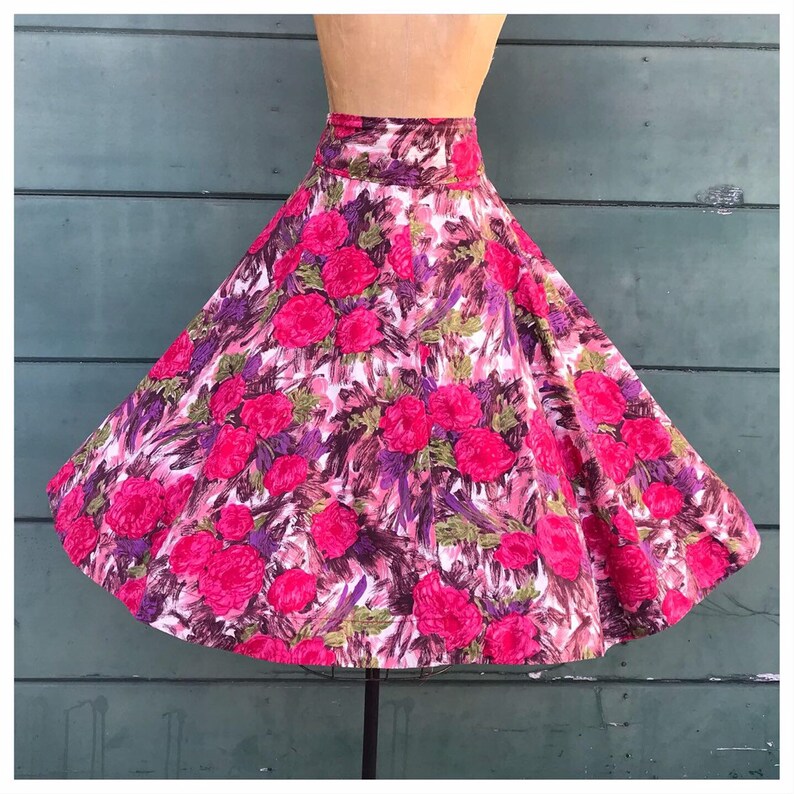 FUCHSIA PINK IMPRESSIONIST Floral 1950/'s 1950s Style 1990/'s 1990s Buckleback High Waist Banded Cocktail Party Dress Circle Skirt L Xl