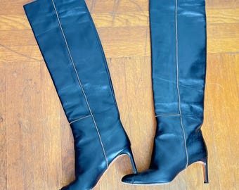 ALTUZARRA Made in ITALY Smooth Black Soft Leather Designer Gold Metal Studded Beaded Over the Knee Thigh High Stiletto Boots Size 39