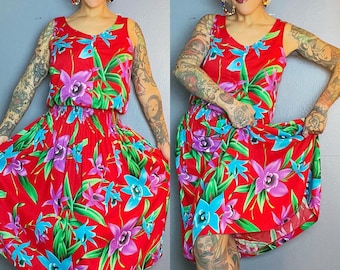 TROPICAL HAWAIIAN 70’s 70s Vintage 1980’s 80s Red Rayon Tiki Aloha Ruched Waist Blouse Style Floral Scoop Neck Full Skirt Sundress Dress S M