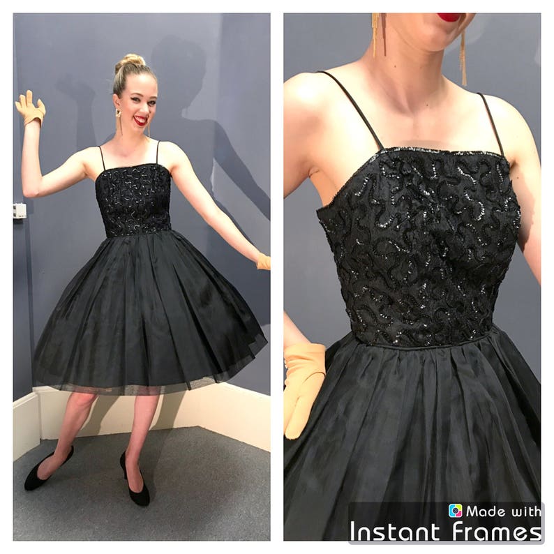 BLACK SWAN 1950/'s Vintage 1950s 60\u2019s 60s Lace Taffeta Organza Sequined Soutache Holiday Party Evening Prom Cocktail Dress Circle Skirt Xs S