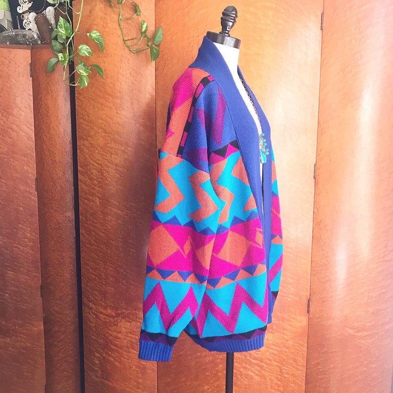 OVERSIZED SOUTHWESTERN Boho 1990\u2019s 90s Vintage Acrylic Knit Shawl Collar Geometric Urban Western Cardigan Sweater Coat Jacket JJ Browne M L