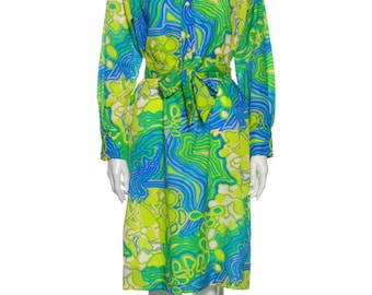 DEADSTOCK LANVIN Paris Designer Couture 1960's 60s Vintage 1970’s 70s Mod Psychedelic Crepe Shift Shirt Scooter Gogo Day Dress Tie Belt M L