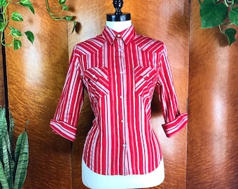 LAMASINI Red & Silver Striped Western Boho 1960’s 60s 70’s 70s Vintage Style Pearl Snap Button Sawtooth Pocket Rodeo Cowgirl Cowboy Shirt S