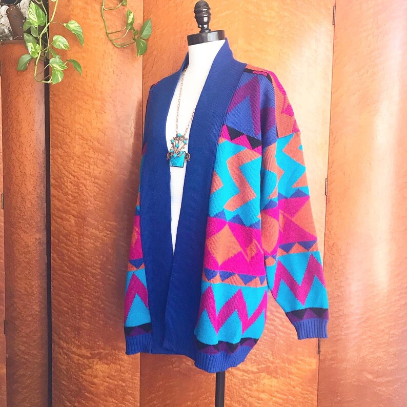 OVERSIZED SOUTHWESTERN Boho 1990\u2019s 90s Vintage Acrylic Knit Shawl Collar Geometric Urban Western Cardigan Sweater Coat Jacket JJ Browne M L