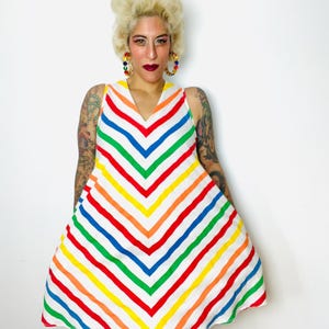 RAINBOW Candy Chevron Striped 1980’s 80s Vintage Retro Vneck Lounge House Cotton Blend Tent Trapeze Summer Festival Sundress Dress L XL